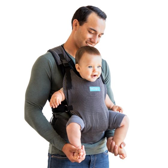 Image Moby Cloud baby carrier, black with white broken stripes. For babies 3.6 - 14.9kgs (8-33 lbs.), newborn to toddler. Light, airy design circulates airflow with Powermesh fabric. 2 ways to wear baby: inward-facing or forward-facing.