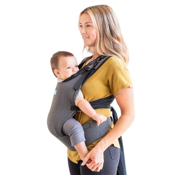 Image Moby Cloud baby carrier, black with white broken stripes. For babies 3.6 - 14.9kgs (8-33 lbs.), newborn to toddler. Light, airy design circulates airflow with Powermesh fabric. 2 ways to wear baby: inward-facing or forward-facing.