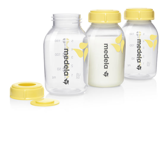 Image. Medela Breast milk bottles 150ml. 3Pack includes bottle, cap and disc.