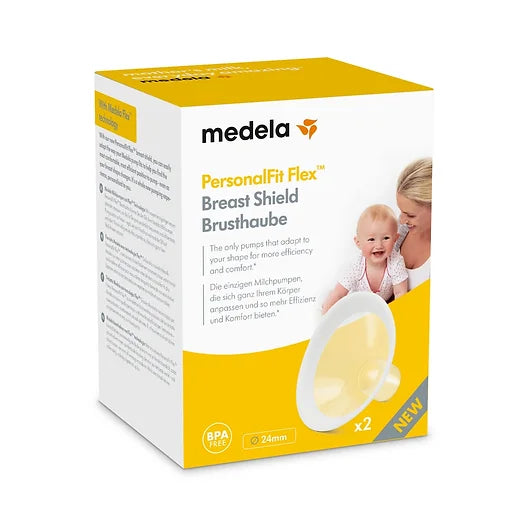 Image. With our new PersonalFit Flex™ breast shield, you can easily adapt the way your Medela pump fits to help you find the most comfortable, most efficient position to pump – even as your breast shape changes. Personalised to you.  105° angle improves fit for better milk flow Oval shape can be rotated 360° Soft, smooth, flexible rim Four tunnel sizes available– our fitting guide will help you find the right one for you. Made from BPA-free materials  sizes 21mm, 24mm, 27mm 30mm