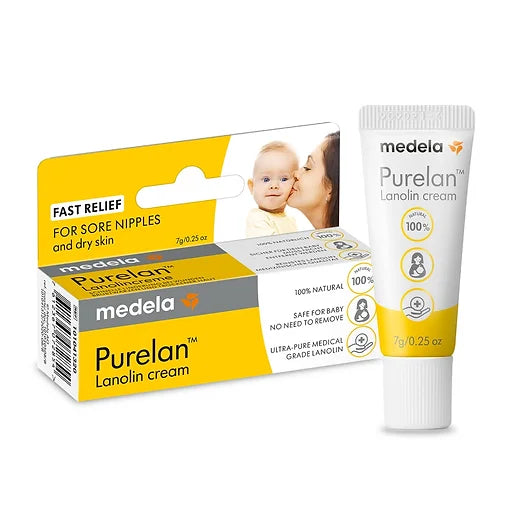 Image. Purelan™ lanolin cream gives you fast relief for sore nipples and dry skin.   It is 100% natural and safe for your baby – you do not need to remove before breastfeeding.