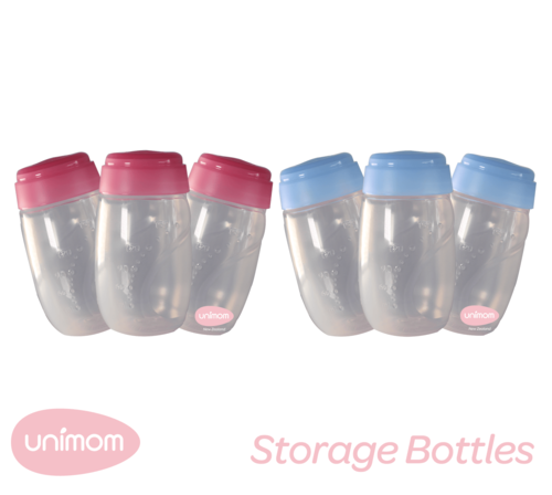 Image. Unimom Breast milk storage bottles. 3 pack pink or blue lids