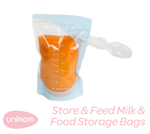 Image. Unimom. Milk or baby food storage bags. Contents can be fed directly to baby/child via the nozzle or via the screw on spoon.   